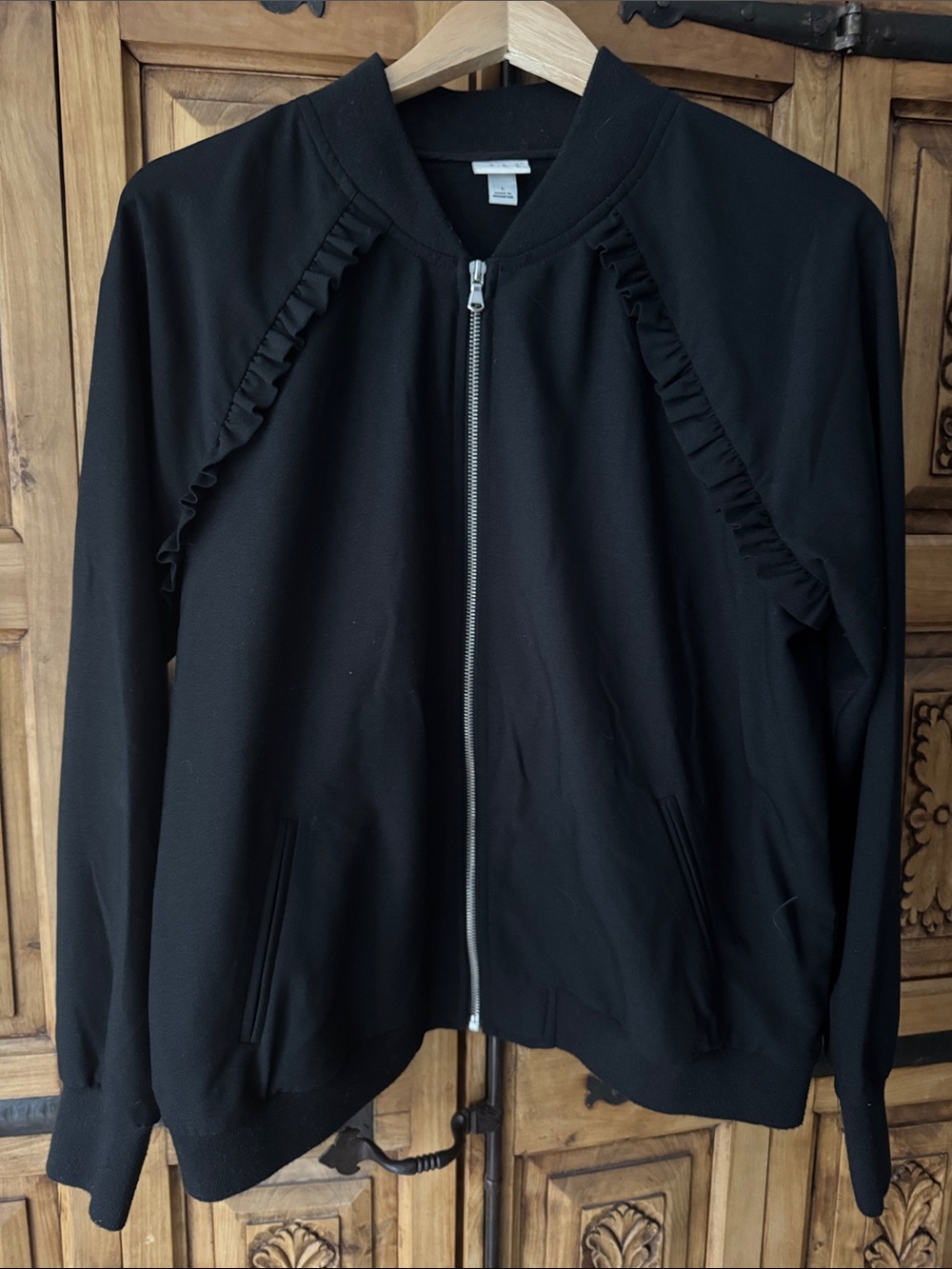 a new day Black Bomber Jacket with Ruffle Trim